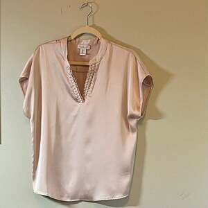 Rachel Zoe Rose Gold Satin Blouse, Embellished Split-Neck V, Formal